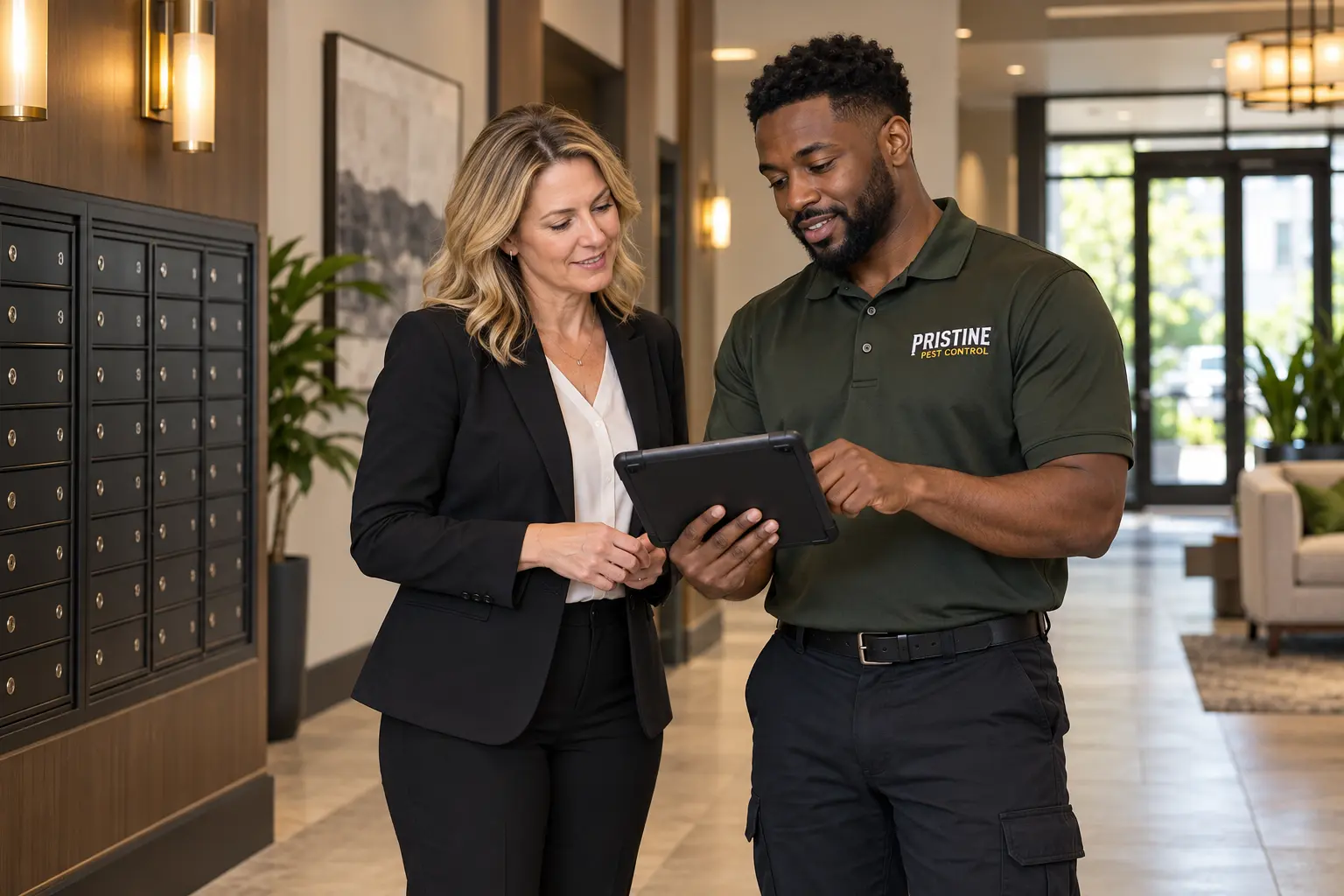 A Pristine technician reviewing apartment operations with a property manager