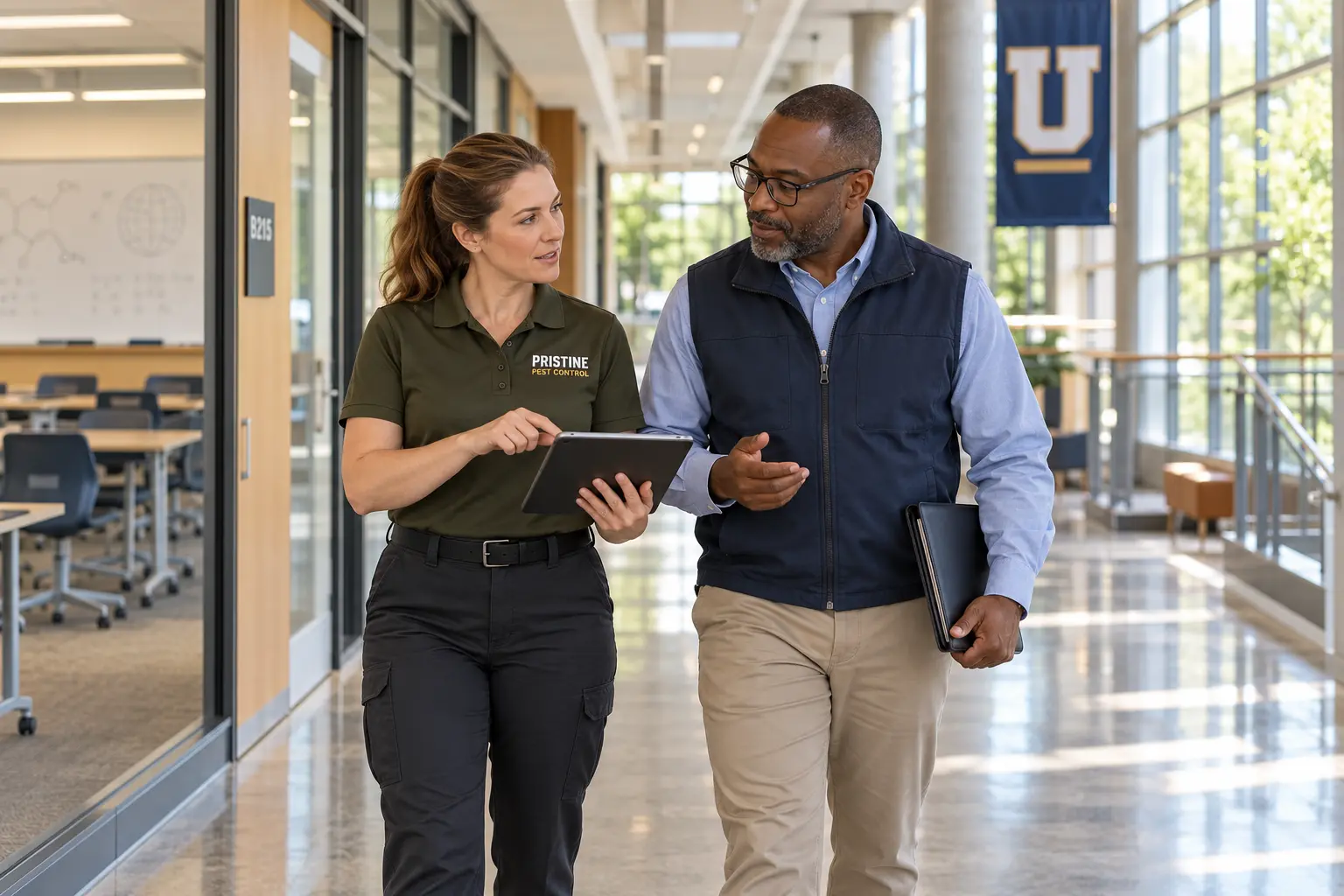 A Pristine technician reviewing a campus protection plan with a university facilities director