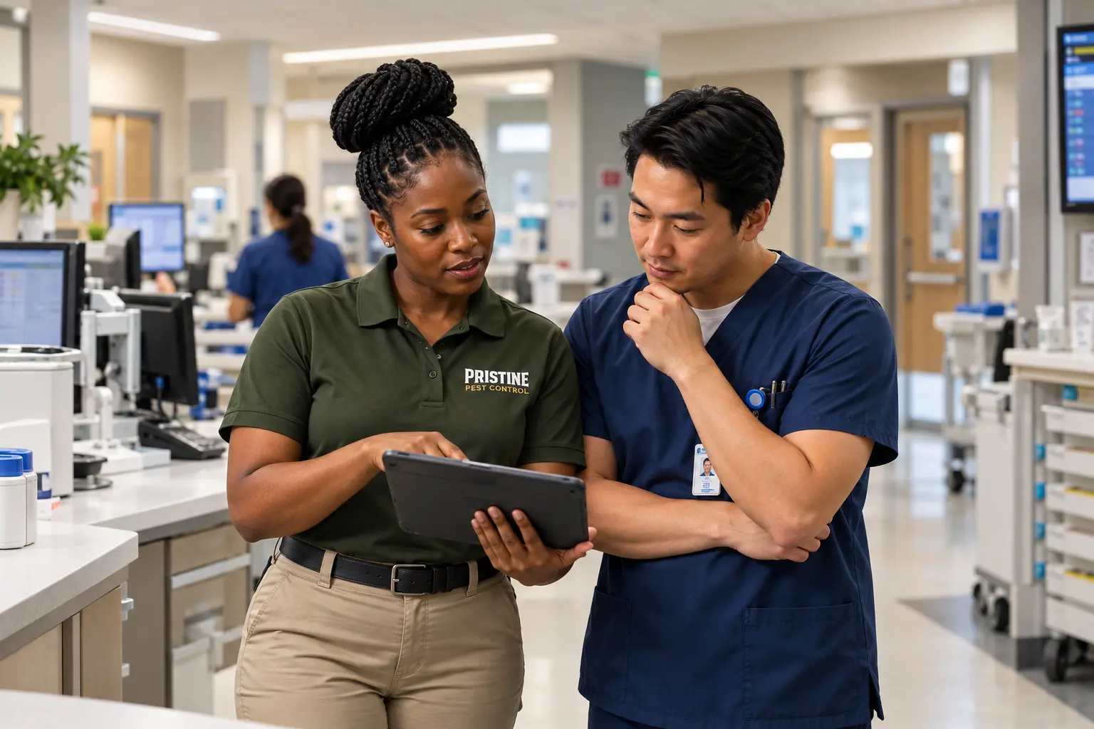 A Pristine technician reviewing a healthcare protection plan with a charge nurse