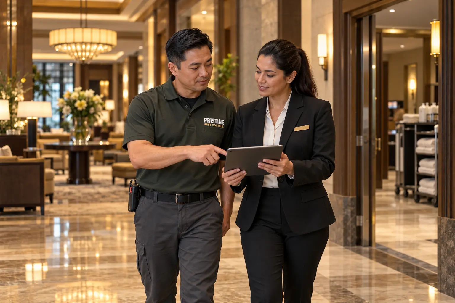 A Pristine technician coordinating discreetly with a hotel operations manager