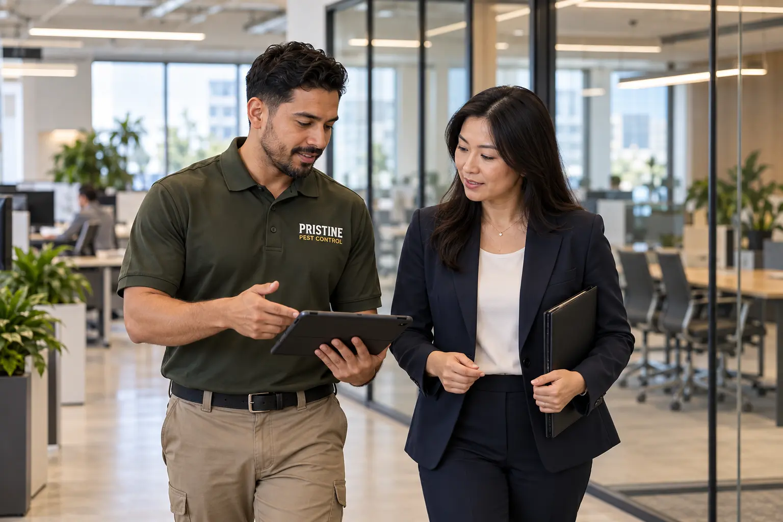 A Pristine technician reviewing an office protection plan with a facilities manager