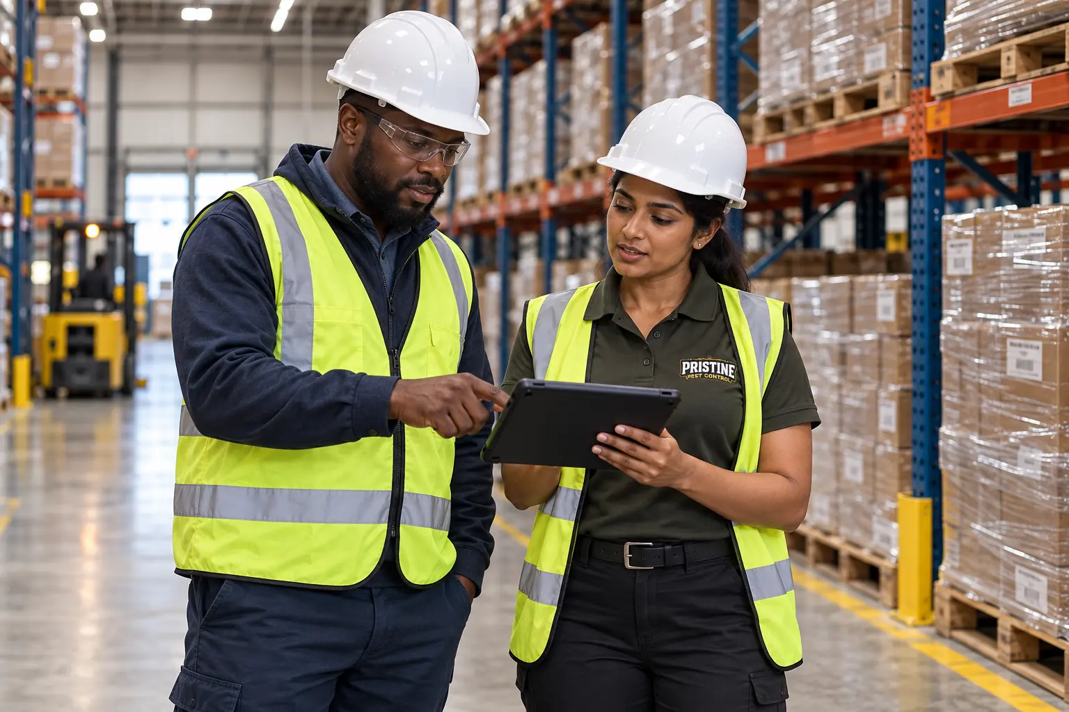 A Pristine technician and warehouse supervisor reviewing operations in proper protective equipment