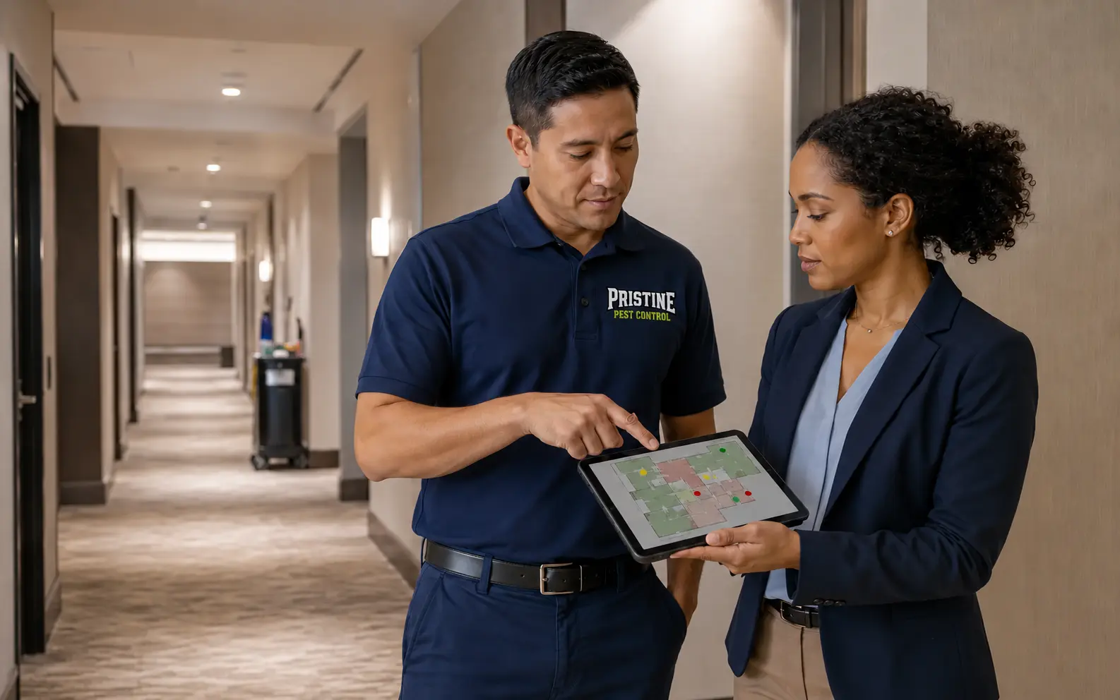A Pristine technician wearing the simplified company wordmark and a facility manager reviewing a commercial pest risk map