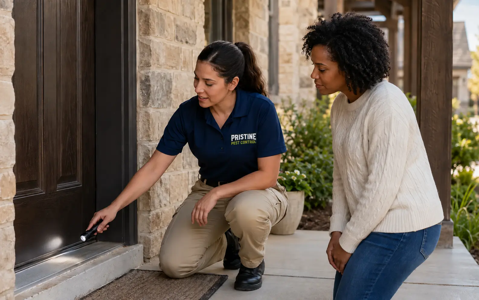 A Pristine technician wearing the simplified company wordmark while inspecting an Oklahoma home with the homeowner