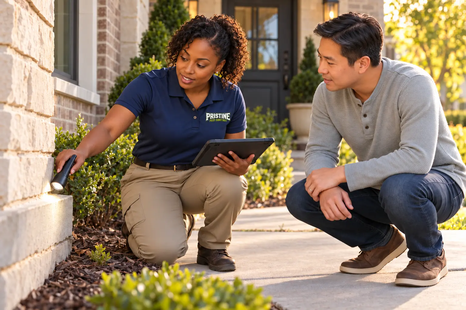 A Pristine technician wearing the simplified company wordmark while examining an exterior foundation with the homeowner
