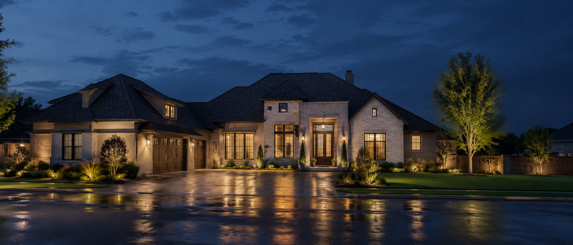 Modern Oklahoma home at blue hour after rain