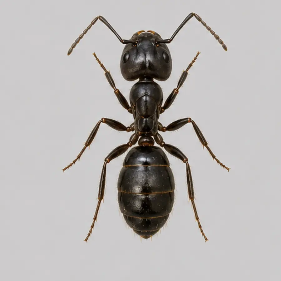 Field guide macro of a large black carpenter ant with a smoothly rounded thorax
