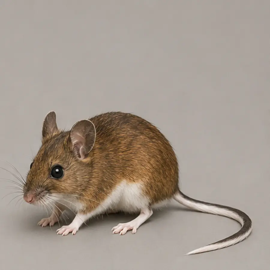 Field guide portrait of a deer mouse showing white feet and sharply contrasting white underside
