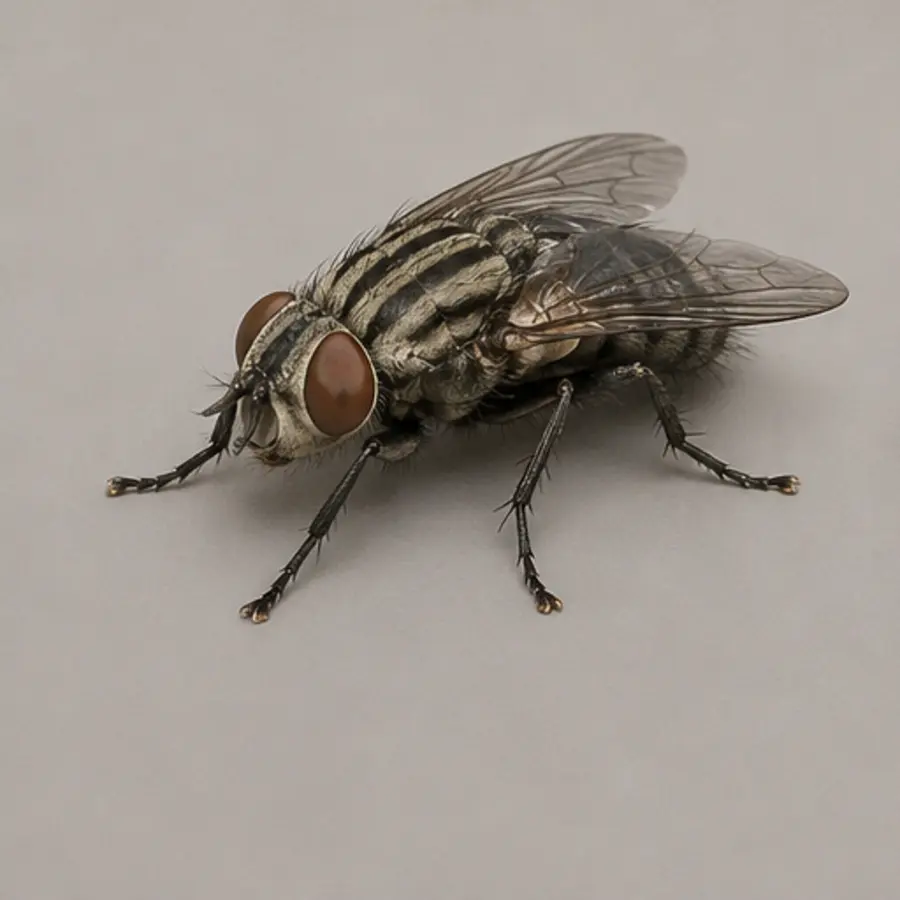 Field guide macro of a house fly showing four dark thoracic stripes