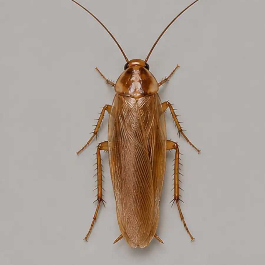 Top view field guide image of a tan Asian cockroach with long developed wings