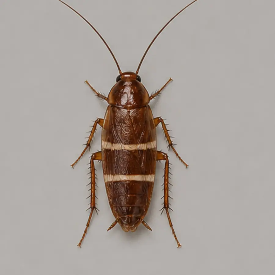 Top view field guide image of a small brown banded cockroach showing pale cross bands