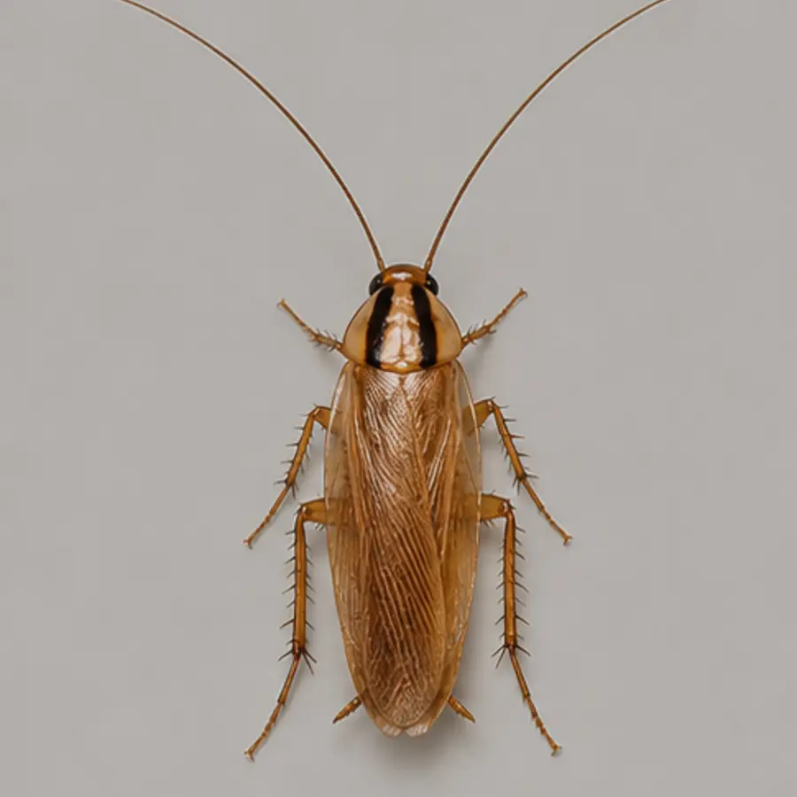 Top view field guide image of a German cockroach showing two dark stripes behind the head