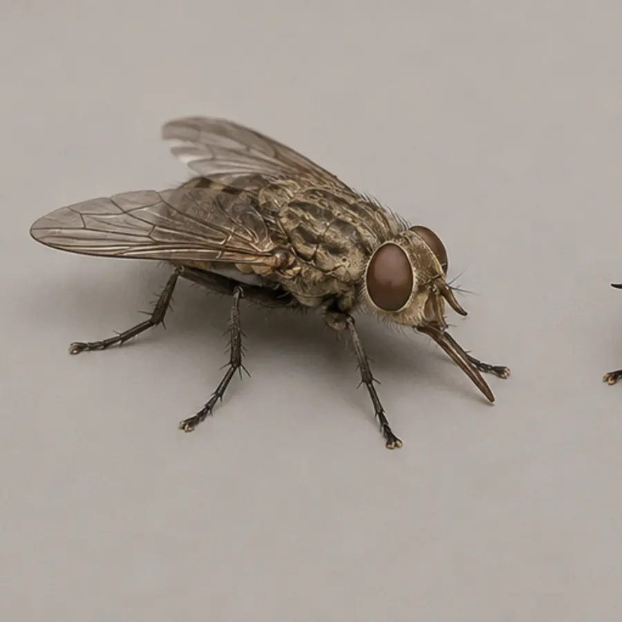 Field guide macro of a stable fly showing the rigid forward pointing mouthpart