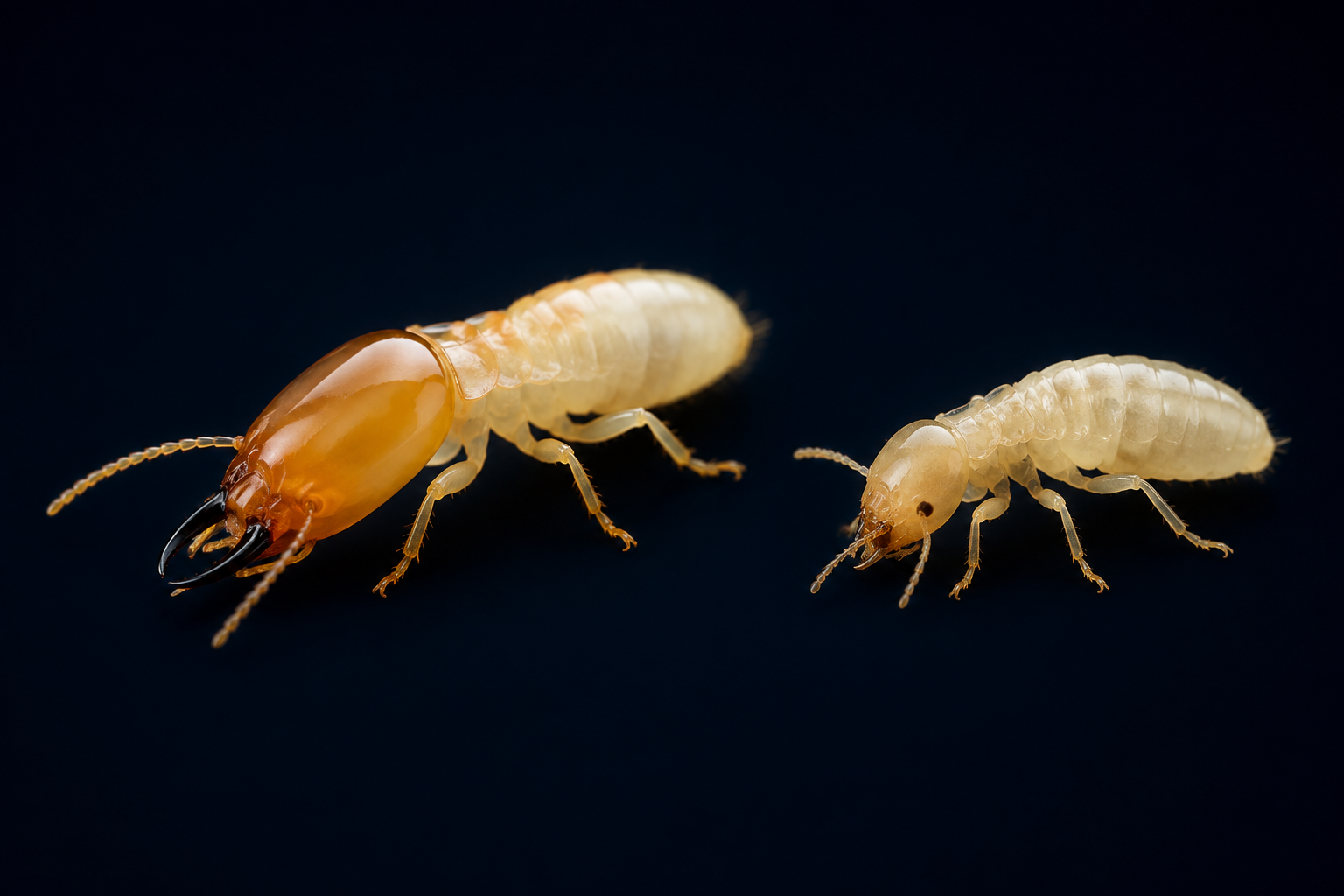 Detailed studio study of subterranean termite workers and a soldier